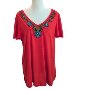 Embroidered & Beaded Red Women's XL Top Short Sleeve Ruched Backside Bottom